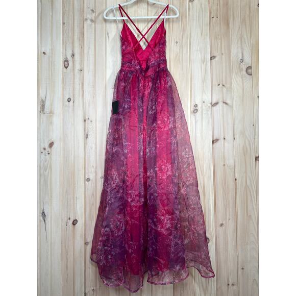 NWT Lulus Romance That Wows Magenta Floral Print Organza Maxi Dress Prom Sz XS - Picture 6 of 9